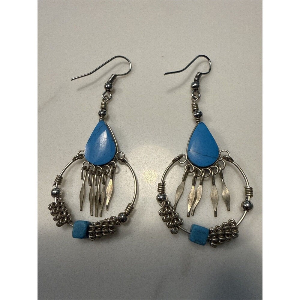 Dream Catcher Style Hook Earrings. Silver Tone With Turquoise Color Beads. 2”